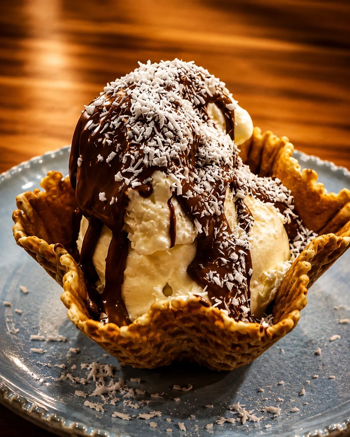 Coconut sorbet in waffle basket