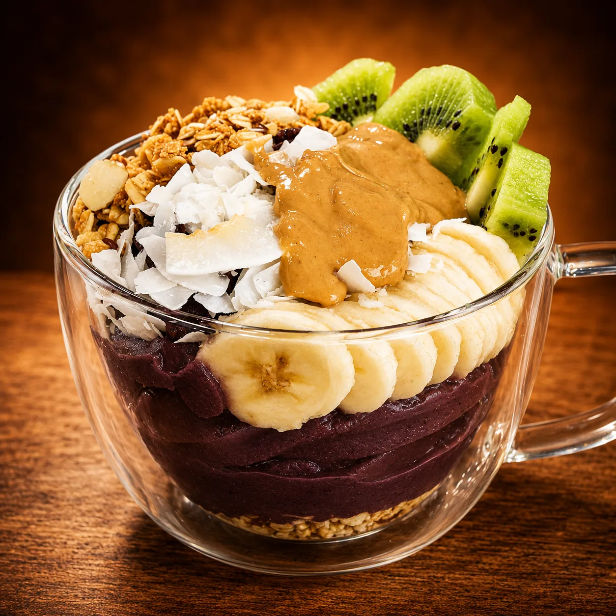 Power açaí mug with kiwi, banana, strawberry, coconut, granola and peanut butter